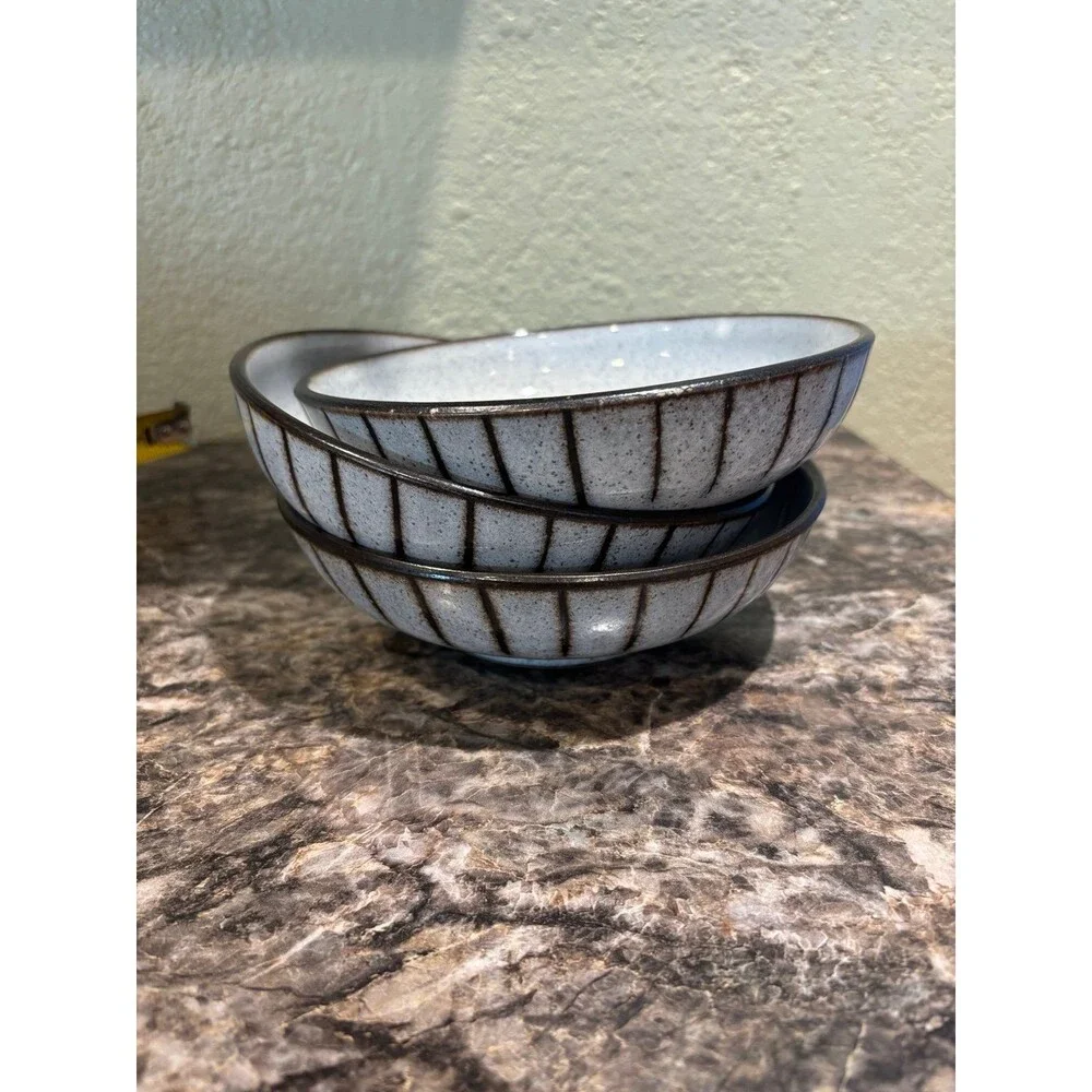 Denby Stoneware gray brown stripe Pasta Salad Bowls Set Made langley England VTG